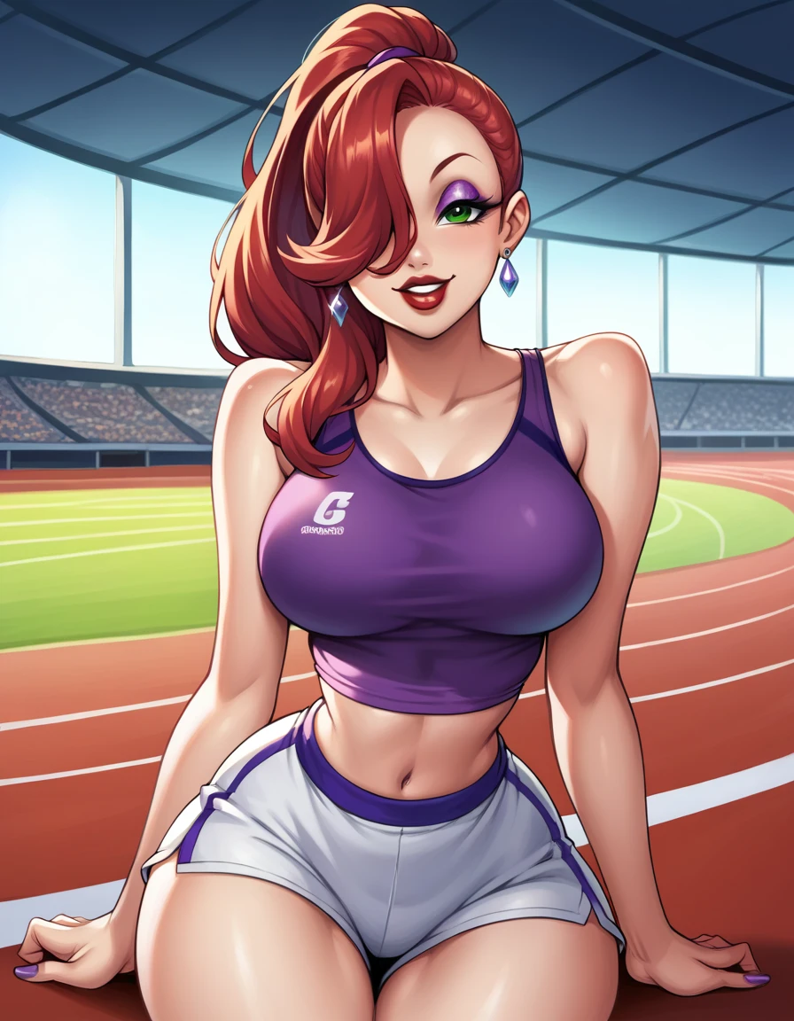 score_9, score_8_up, score_7_up, score_6_up, score_5_up, score_4_up, BREAK, source_anime, 1girl, red hair, long hair, hair over one eye, green eyes, lipstick, makeup, earrings, competition sports, (purple tank top:1.5), (large purple short:1.5), (on the track:1.5), (track and field), (Stadium background:1.5), Stadium full of people. Olympics. white trims, best quality, expressive eyes, short ponytail, high ponytail,, realistic BREAK 1girl, solo.  looking at viewer, dutch angle, looking up, smile, (big hips), hourglass body, happy, thigh gap, lips, red lips, lipstick,  BREAK parted lips,nail polish, ((narrow waist)), looking at viewer, thighs, indoors, 