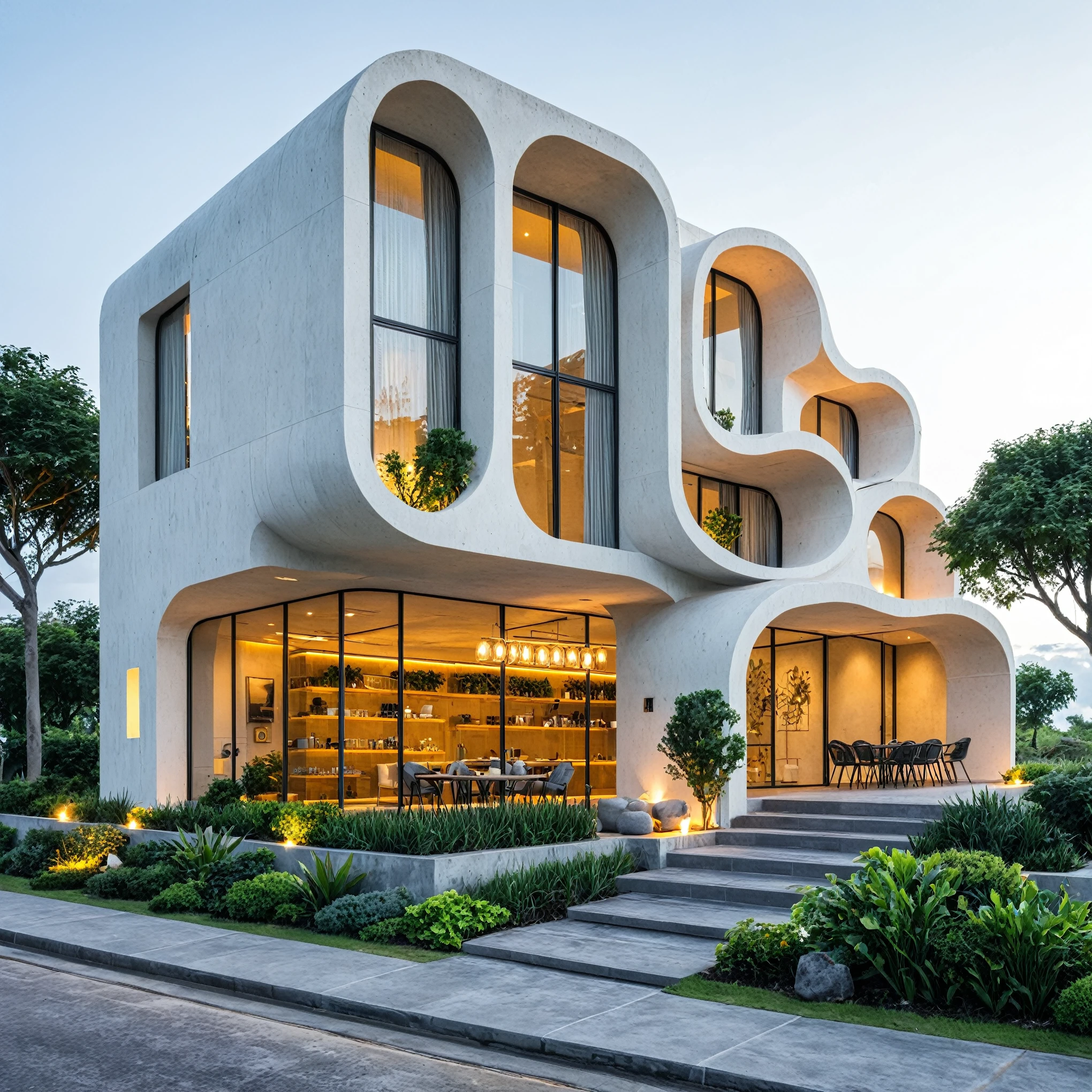 Boss of'ouvrages d'art, high quality, best quality, authentique, Great detail, En plein air, plain-piedVilla XL, groupe, style de maison moderne dans la rue ,stairs, white wall ,road,pavement, grass, trees, sky, clouds, (day light:1.1)