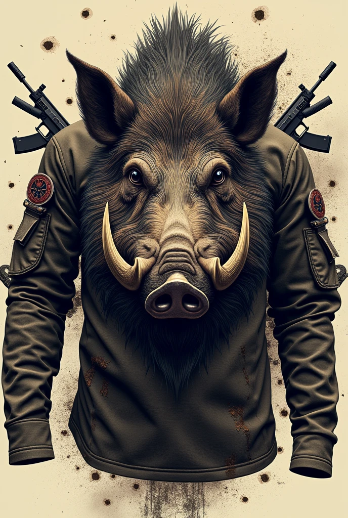 CREATE A LONG SLEEVE MILITARY SHIRT, MIXING THE IMAGE OF A BOAR WITH RIFLES AND SHOT MARKS