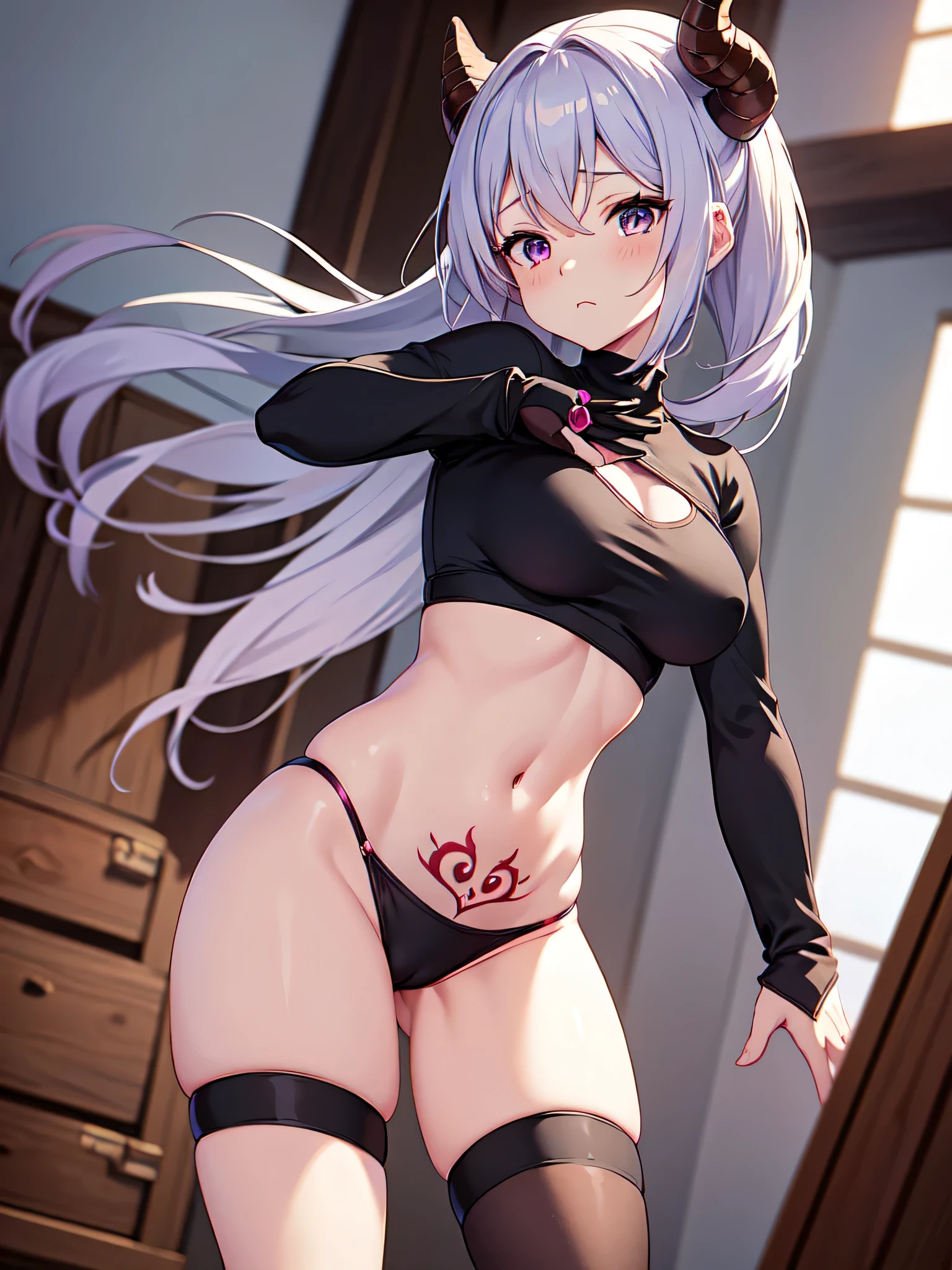 all intricate details, a anime fantasy picture of a girl character, 1girl view, solo, cameltoe, thighhighs, tattoo, long hair, navel, looking at viewer, black-red horns, crop top, a dragon in pubic tattoo, stomach, white-purple hair, long sleeves, short diamond armor, firm breasts, medium breasts, black thighhighs, shirt, black footwear, thighs, bright light purple eyes, closed mouth, sexy pose, random angle, power stance, random background, nude