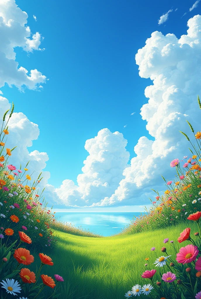 A very blue sky with clouds With an ant perspective seeing from below add more grass and flowers around with a central focus remove the ant and have the plants around the image 