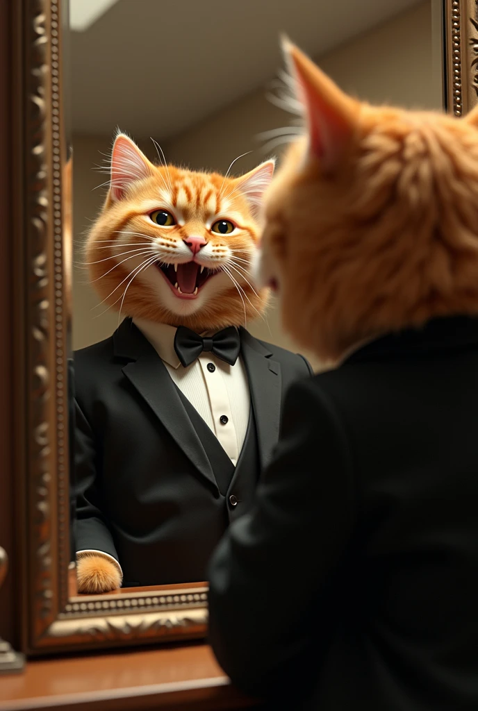 (an orange), (chubby cat:1.3),( dressed in a classic black tuxedo with a bow tie1.4), looks excitedly at his reflection in a mirror. The scene includes a montage of prom preparations, showcasing cat’s orange fur and chubby build in a refined and elegant style.