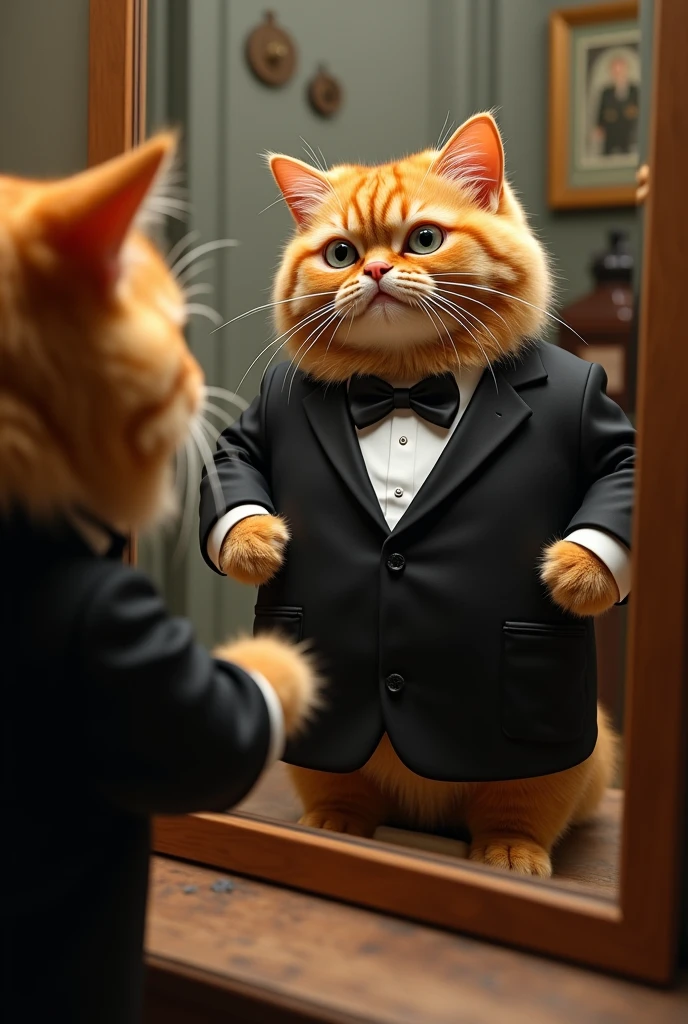 (an orange), (chubby cat:1.3),( dressed in a classic black tuxedo with a bow tie1.4), looks excitedly at his reflection in a mirror. The scene includes a montage of prom preparations, showcasing cat’s orange fur and chubby build in a refined and elegant style.
