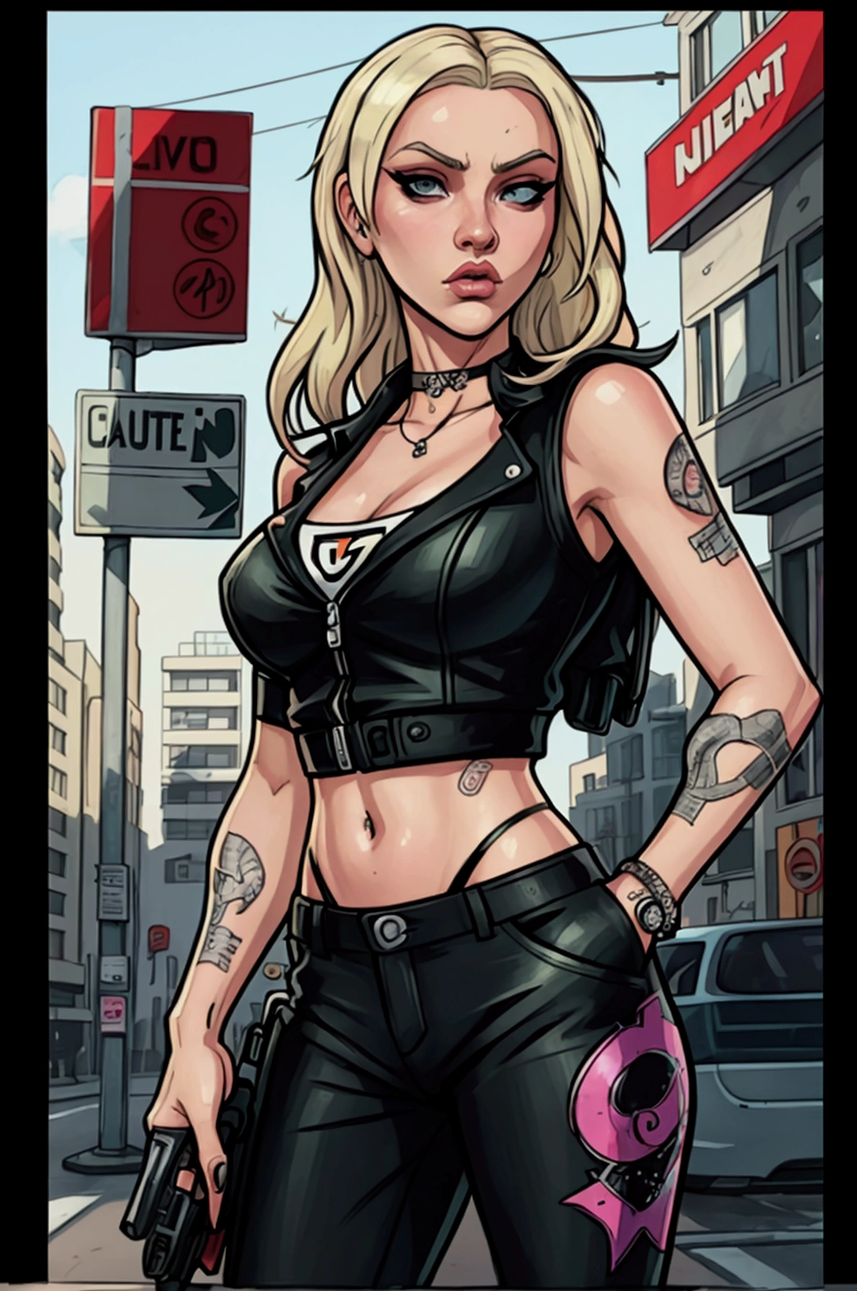 Accamary4, accmary4, beautiful woman, Model, Looking out of the corner of my eye, focus on your face, long platinum blonde hair, Dressed like a gang member, Looking out of the corner of my eye, focus on your face, stop on the street corner，There is a bus in the background., GTA art style, GTA art style , Grand Theft Auto art style, GTA V art style, gta loading screen art, gta art, gta artstyle, Gta v loading screen art, GTA pop art style, Art style of Grand Theft Auto 4