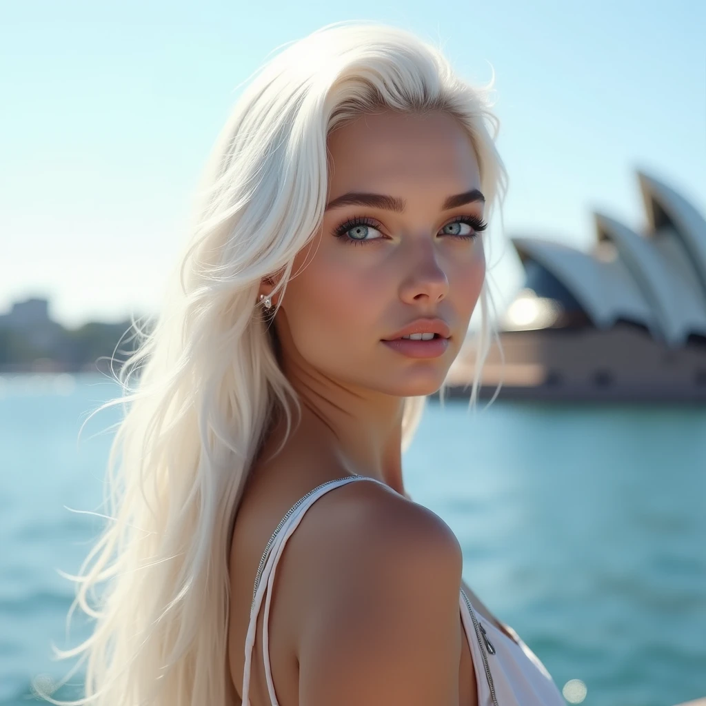 A pretty blue-eyed Instagram model with very long straight snow-white hair with a realistic natural pale porcelain complexion on an oval face. You can see the Sydney Opera House in the background as she stands overlooking Sydney Harbour.
