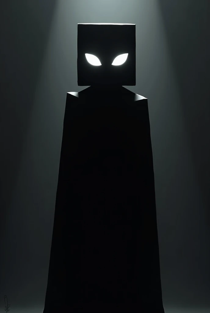 an all-black character with Minecraft-style white eyes and a white border