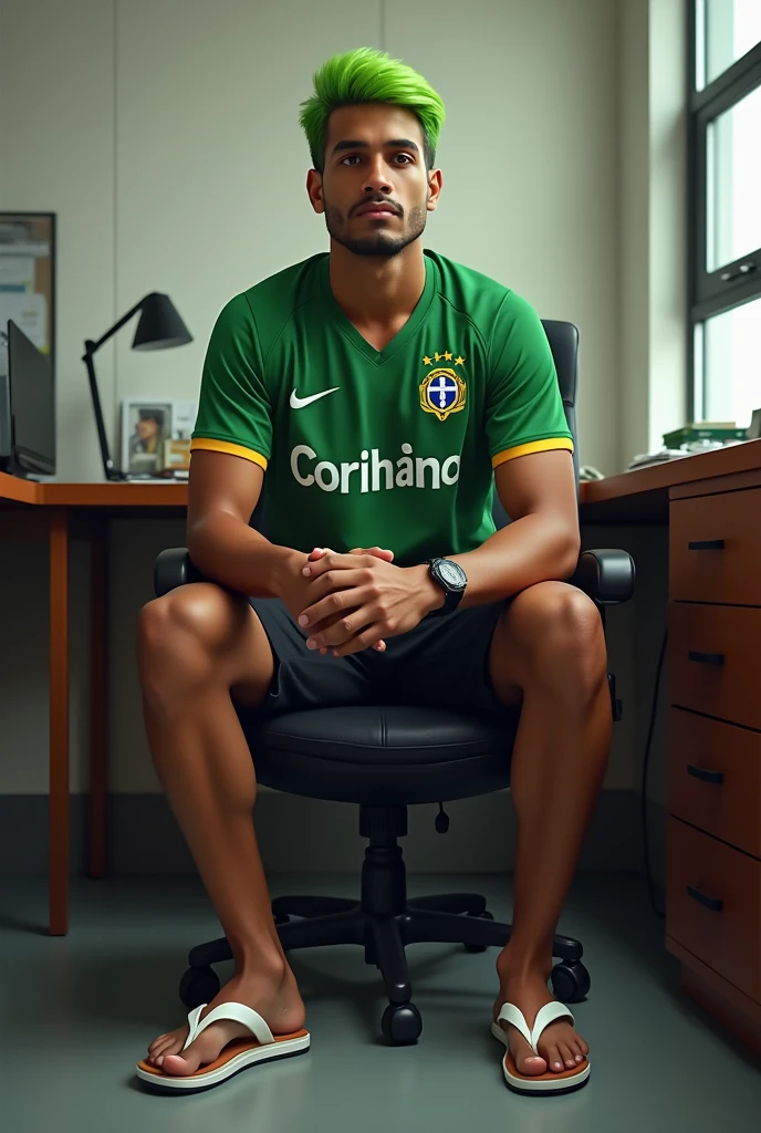 Um homem brasileiro, with straight green hair, Corinthians shirt, with black shorts and white flip-flops sitting in a secretary chair