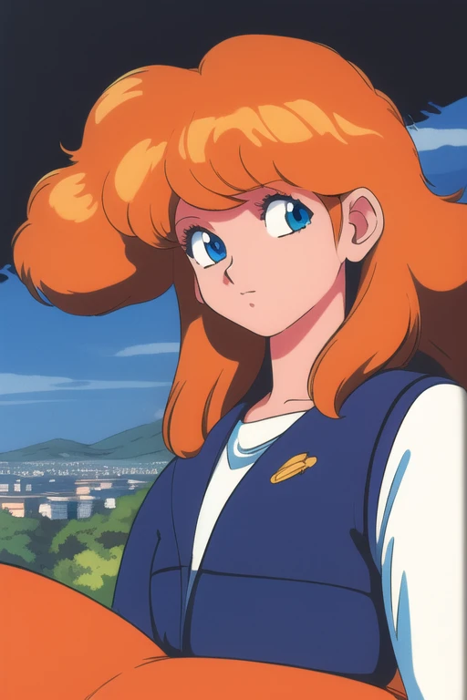 (masterpiece:1.3), best quality, official art,  1980s \(style\), 1girl, orange hair, blue eyes