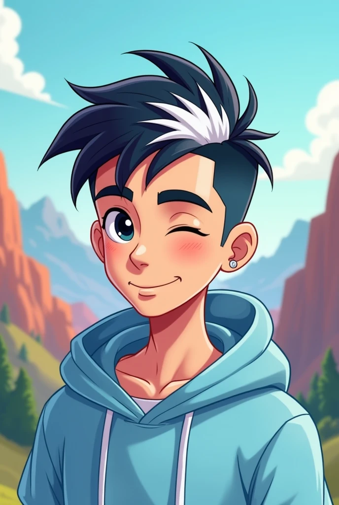 A discord profile picture of a man with black hair with a white and blue streak and a light blue hoodie with black eyes with a hood with low fade hair with a cartoon style valley background with a smile and closed eyes and a blue and white streak male average without earrings