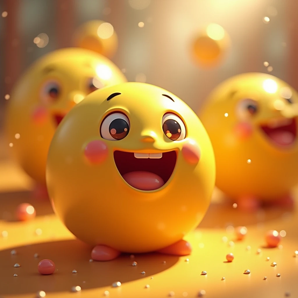 [3D stylized animation reminiscent of the work of pixar and studio ghibli], [ soft, diffuse lighting, vibrant colors, shiny textures, shallow depth of field, bokeh effect in the background, water drops reflecting the light]lol emoji, isolated, 3D render, 8k, cinematic lighting, bright colors, glowing, metallic, glossy, detailed, photorealistic, highly detailed, intricate details, dynamic composition, dramatic shadows, volumetric lighting, high-quality, sharp focus, ultra-detailedShow several round yellow balls like (((Emoji))), with anthropomorphic features such as smiling faces and rosy cheeks. Craft a hyper-realistic 3D image of a face with a big smile, eyes wide open, and an expression of sheer joy and excitement. Position the face in different views: front view, slightly tilted upwards, and slightly tilted downwards. Use detailed skin textures and lighting to create a vibrant and dynamic look."


