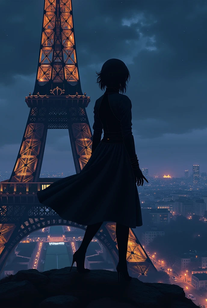 Assassin in France 1890, at night, in a top of the eiffel tower (anime style)
