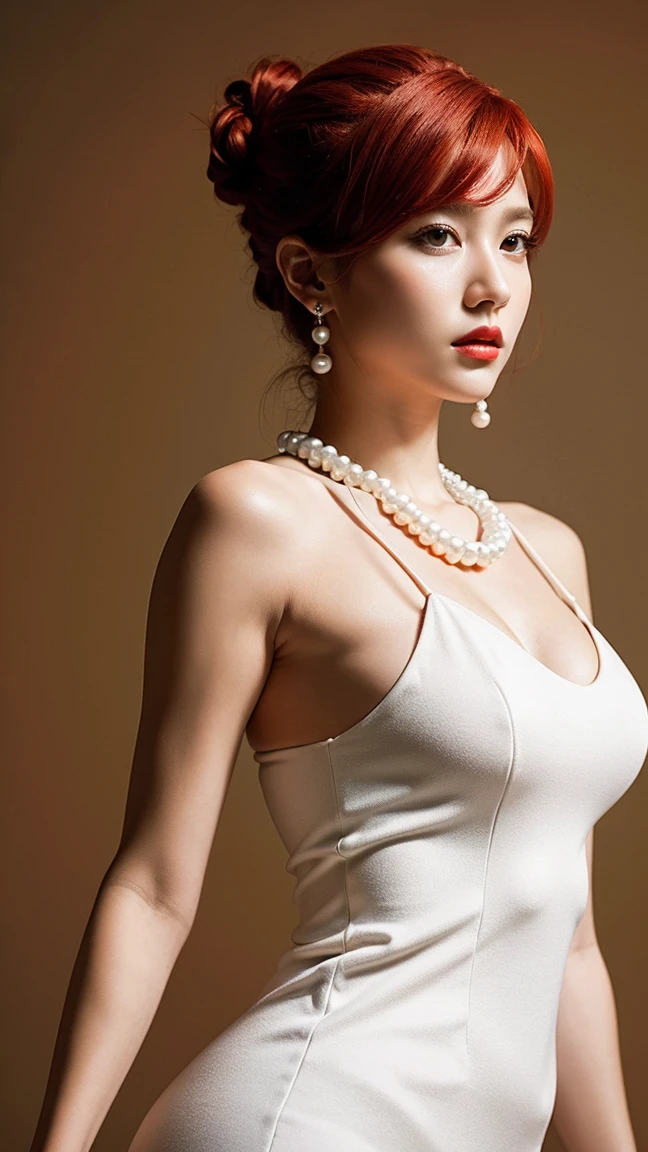((masterpiece, Best Quality)),(complex lighting) ,Whole body, Alone, Wilma Flintstone, Red hair, Horse tail, White dress, Pearl Necklace, lipstick,
