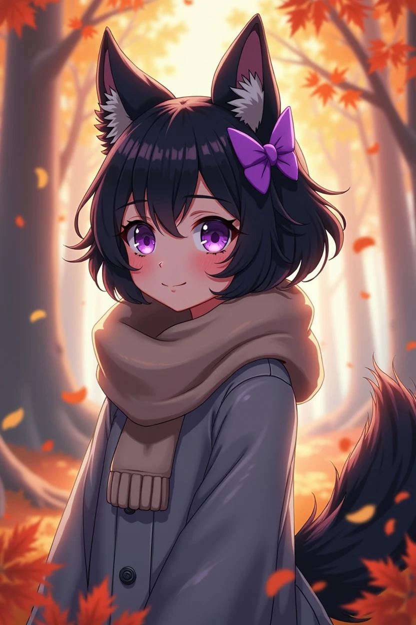 anime, teen girl, human, black fur, by the wide, gray clothes, purple bow on the head, brown scarf, purple eyes autumn forest background