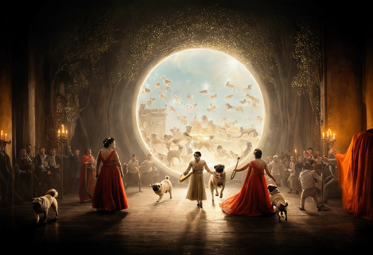 leave the image the same way, but in the middle (in the circle of light) there a pug dogs attack