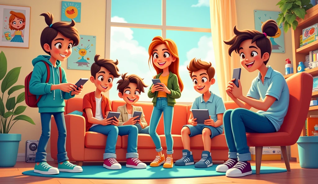 GROUP OF TEENAGERS IN THE ROOM DOING DAILY ACTIONS CARTOON