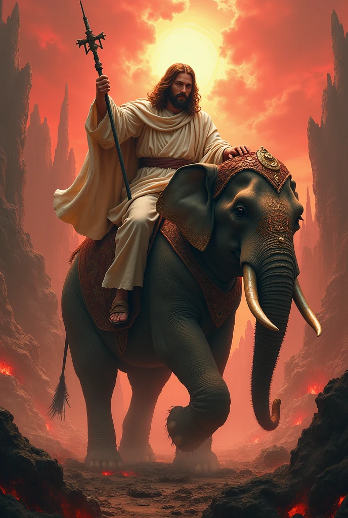 Jesus riding an elephant battling a tactical shrimp in hell