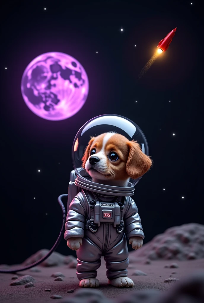 An adorable little dog wearing a shiny astronaut suit with a transparent helmet, watching a SPACE X rocket pass over a stylized purple diamond-shaped moon. The moon features craters and textures, and the background is deep black, creating a contrast that makes both the dog and the moon stand out. The dog has a cute, expressive face, with bright eyes visible through the helmet visor. The spacesuit has a metallic look with a connected pipe, and the image as a whole is designed in a whimsical, charming style.