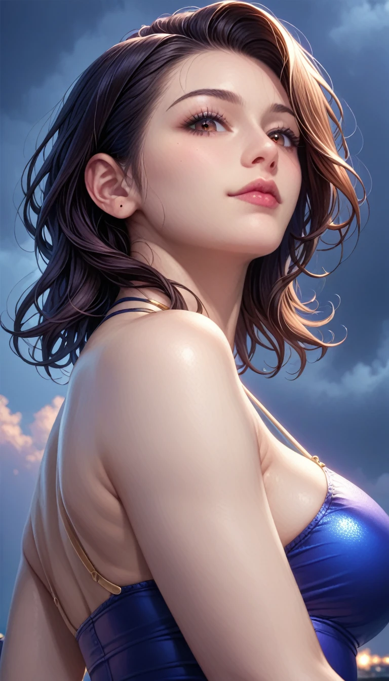 score_9, score_8_superior, score_7_superior, High resolution 3D anime style,A masterpiece in 32K resolution,Highest quality,it is really amazing,Very detailed,Ultra-high resolution,Ultra-realistic,Realistic,Increased depth of field,Cinematic lighting,
(Sexy mature Japan woman:1.2),
(black straight medium hair:1.1),(Ultra-detailed and beautiful face:1.1),(Calm and gentle look:1.1),Beautiful brown eyes,Translucent white skin,Realistic skin texture,Great proportions,
Elegant swimwear,
Summery design,Chic color scheme,Beautiful and delicate decoration,Detailed fabric texture,
(Dark overcast sky on a dull night:1.1),(Dark clouds filling the sky:1),(Thundercloud:1),Coastline at night,Stormy seas,(delay々A desolate sandy beach that continues:1),
Beautiful back view,Low - Angle,