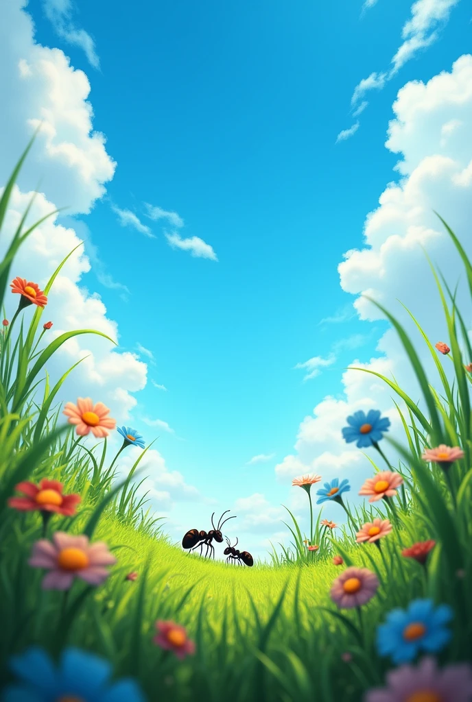 A very blue sky with clouds With an ant perspective seeing from below add more grass and flowers around with a central focus remove the ant and have the plants around the image make the sky in the center and the plants around and add more clouds