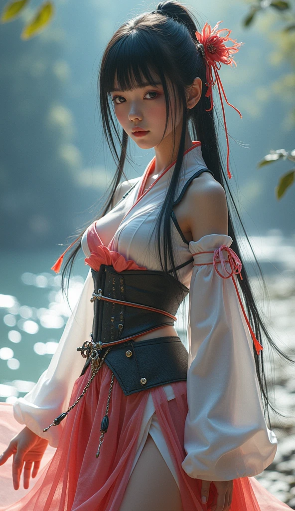 Japanese beautiful girl Fantastic World Futuristic costume Fantastic Background Long shot whole body
