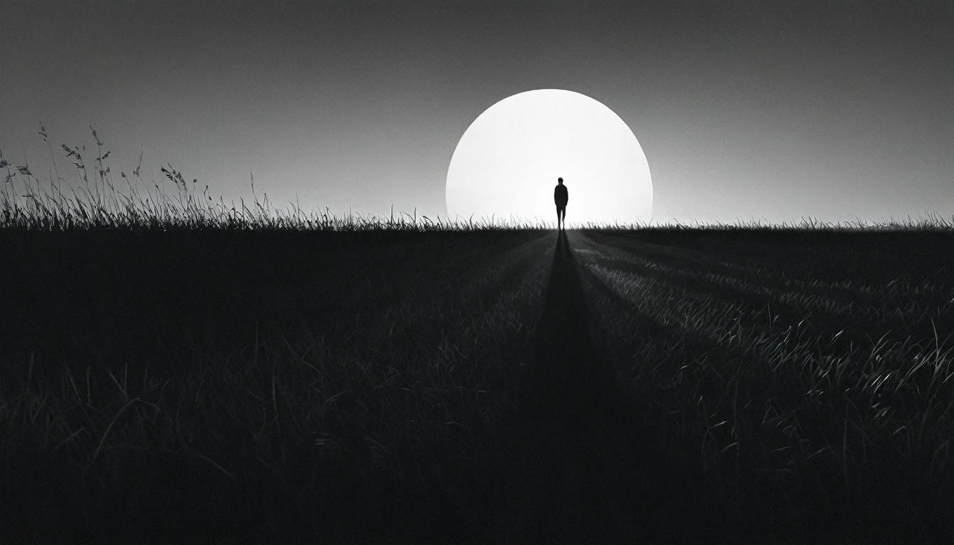 Person standing in an empty field, their shadow elongated by the setting sun, minimalist Journey,highres,ultra-detailed,realistic,portrait,monochrome,contrast,bold lines,dark atmosphere,simple composition,dramatic lighting,expressive face,subtle emotions,striking gaze,intense stare,simple clothing,mysterious background,haunting beauty,graceful pose,mysterious aura,vivid black and white tones,ethereal,concept art,journey of self-discovery,quiet introspection,depth of the soul,symbolic representation,minimalist environment,subtle details,emotional depth,striking simplicity,balance of light and darkness,surreal experience,striking shadows,subtle textures,detailed expression,striking visual impact,straightforward yet thought-provoking,wide range of emotional interpretation,shadow,anatomical correct:2