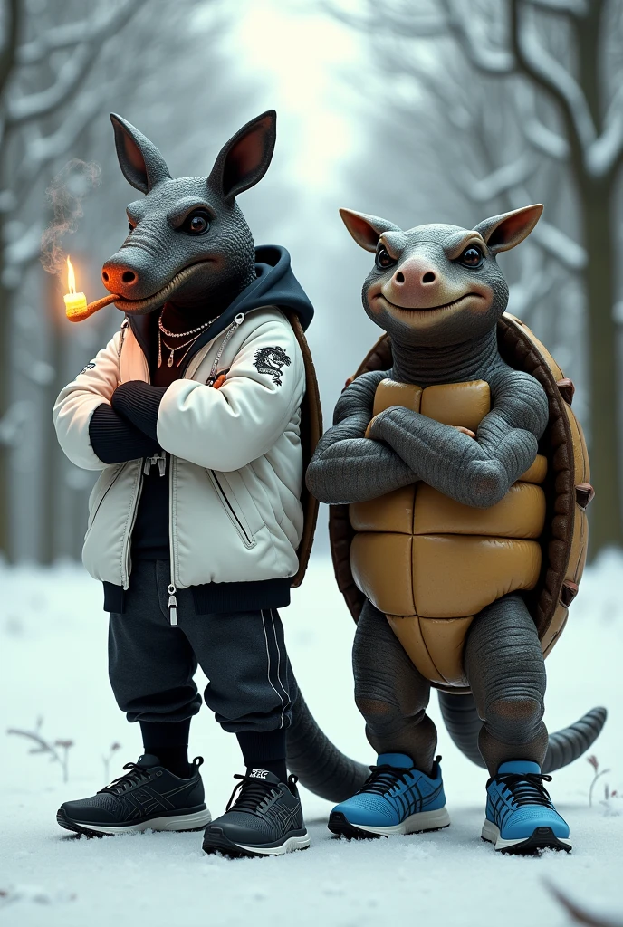 An armadillo with black scale-textured skin wearing black running shoes, in gangster style with a lit pipe in his mouth and a white snowboard jacket with a dragon symbol. Beside him a turtle with blue running shoes. The two are standing with their arms crossed in the snow. The armadillo and the turtle are around 2 meters tall and the sneakers are from ASICS.