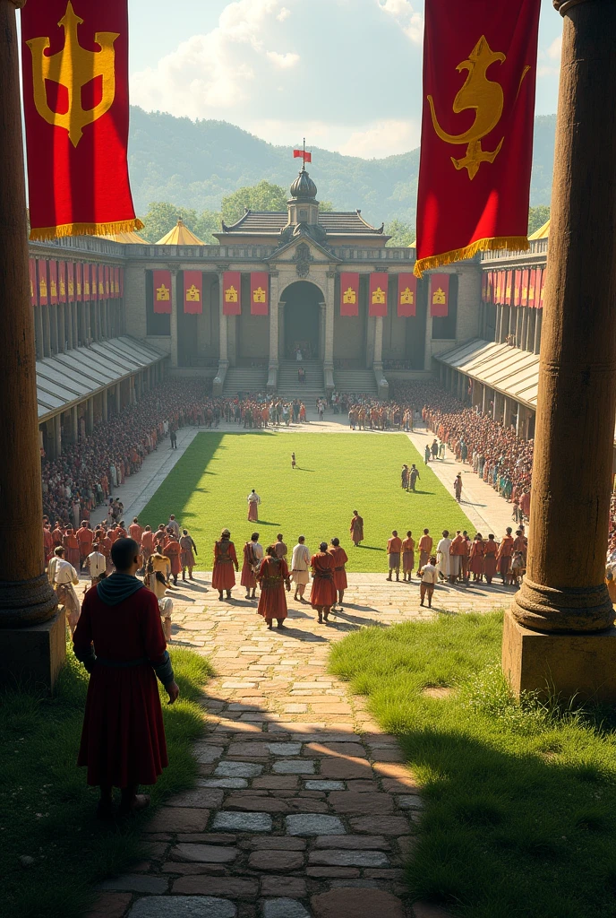 Main Courtyard:**
- **grit:** An open-air arena, mounted on a lush green lawn, surrounded by wooden columns and decorated with colorful flags.
- **General View of the Courtyard:** Large open area overlooking the central arena, surrounded by tents and light structures. As if it were real and not fake, real life even