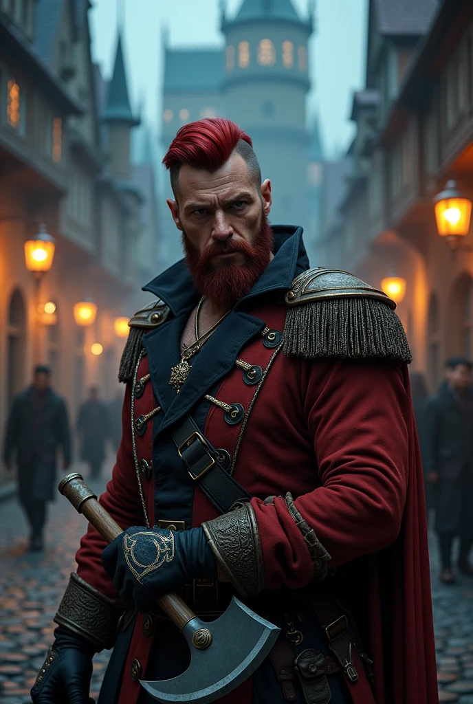 the best quality, very high resolution, detailed 4K CG, artwork, man, red military style hair, close beard, medieval city, night, beautiful aesthetic, Beautiful image, centered on screen, buccaneer's clothing, axe, not too thin