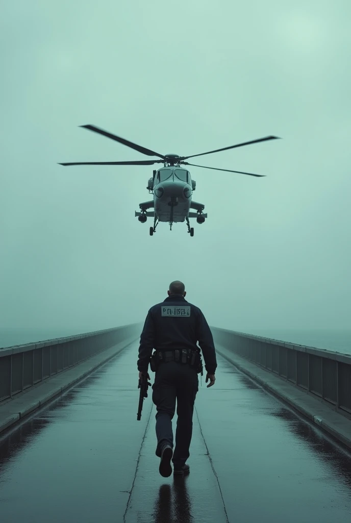 In a spectacular 35mm film shot, A policeman cautiously crosses a wide bridge in the heart of a big city. His firearm is held tight as he moves with determination.. The imposing horizon can be seen in the background, partially obscured by low clouds on a cloudy and gloomy day. suddenly, A helicopter appears roaring and flies dangerously close to the police officer, with the rotor blades cutting through the air at intense speed. The tension in the scene is palpable., as the policeman briefly looks up and the camera captures the moment with a dynamic and wide movement.