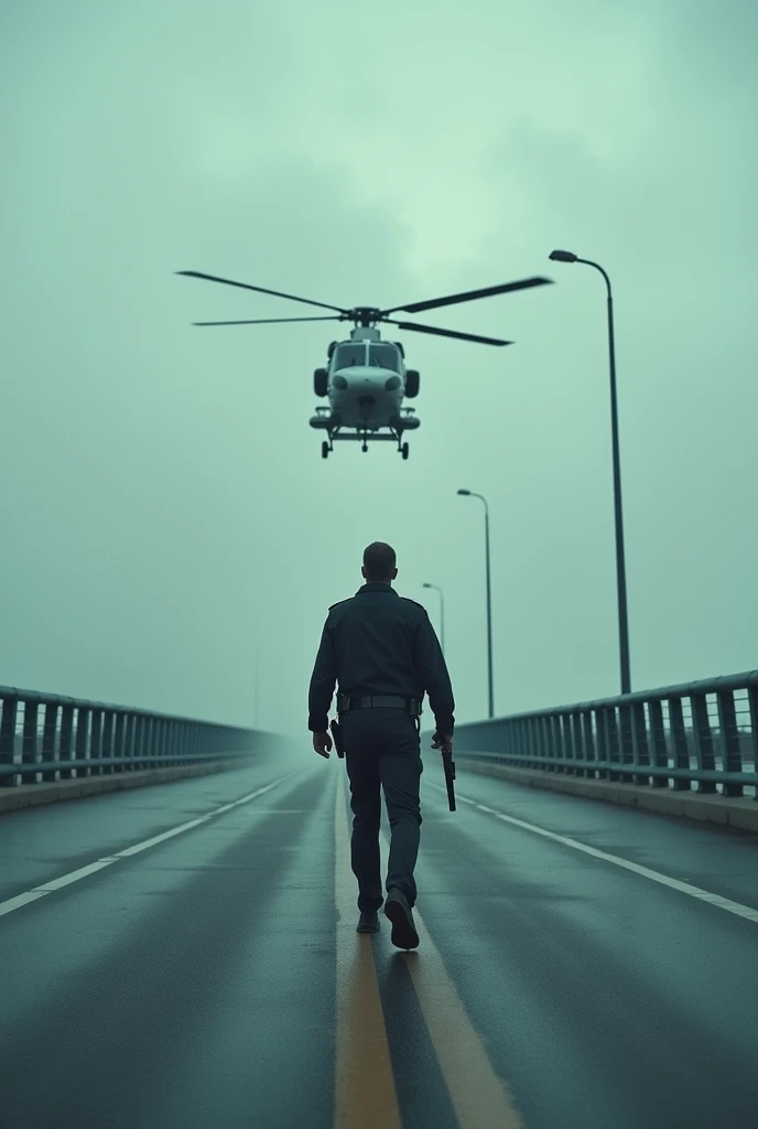 In a spectacular 35mm film shot, A policeman cautiously crosses a wide bridge in the heart of a big city. His firearm is held tight as he moves with determination.. The imposing horizon can be seen in the background, partially obscured by low clouds on a cloudy and gloomy day. suddenly, A helicopter appears roaring and flies dangerously close to the police officer, with the rotor blades cutting through the air at intense speed. The tension in the scene is palpable., as the policeman briefly looks up and the camera captures the moment with a dynamic and wide movement.