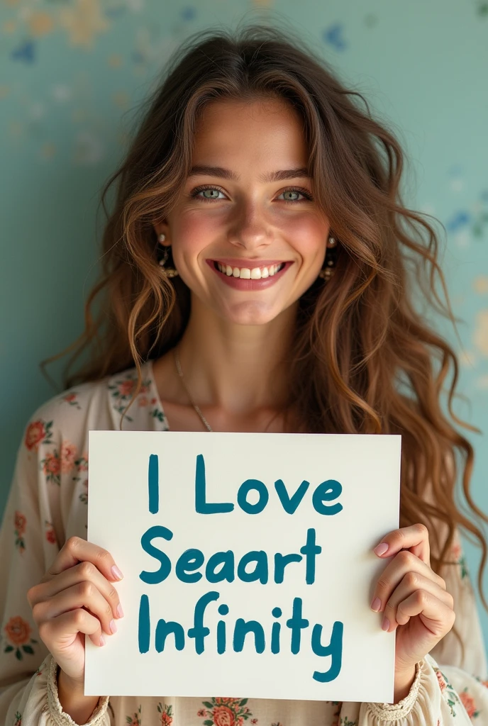Beautiful girl with wavy long hair, bohemian dress, holding a white board with text "I Love Seaart Infinity" and showing it to the viewer