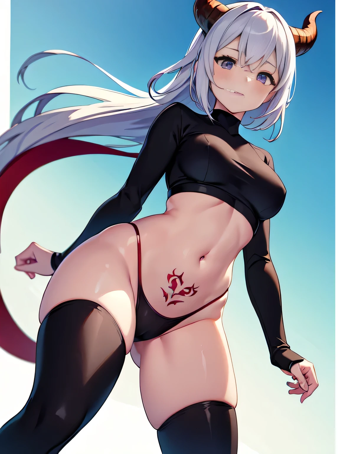 all intricate details, a anime fantasy picture of a girl character, 1girl view, solo, cameltoe, thighhighs, tattoo, long hair, navel, looking at viewer, black-red horns, crop top, a dragon in pubic tattoo, stomach, white-purple hair, long sleeves, short diamond armor, firm breasts, medium breasts, black thighhighs, shirt, black footwear, thighs, bright light purple eyes, closed mouth, sexy pose, random angle, power stance, random background, nude