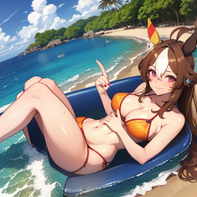 [[1girl, Copano Rickey (umamusume), umamusume]],huge breasts, solo, masterpiece, gleaming skin, super detailed skin, shiny hair, glamorous, smile,steam,sweat,Seductive pose,barefoot,micro bikini,beach,horse  tails,