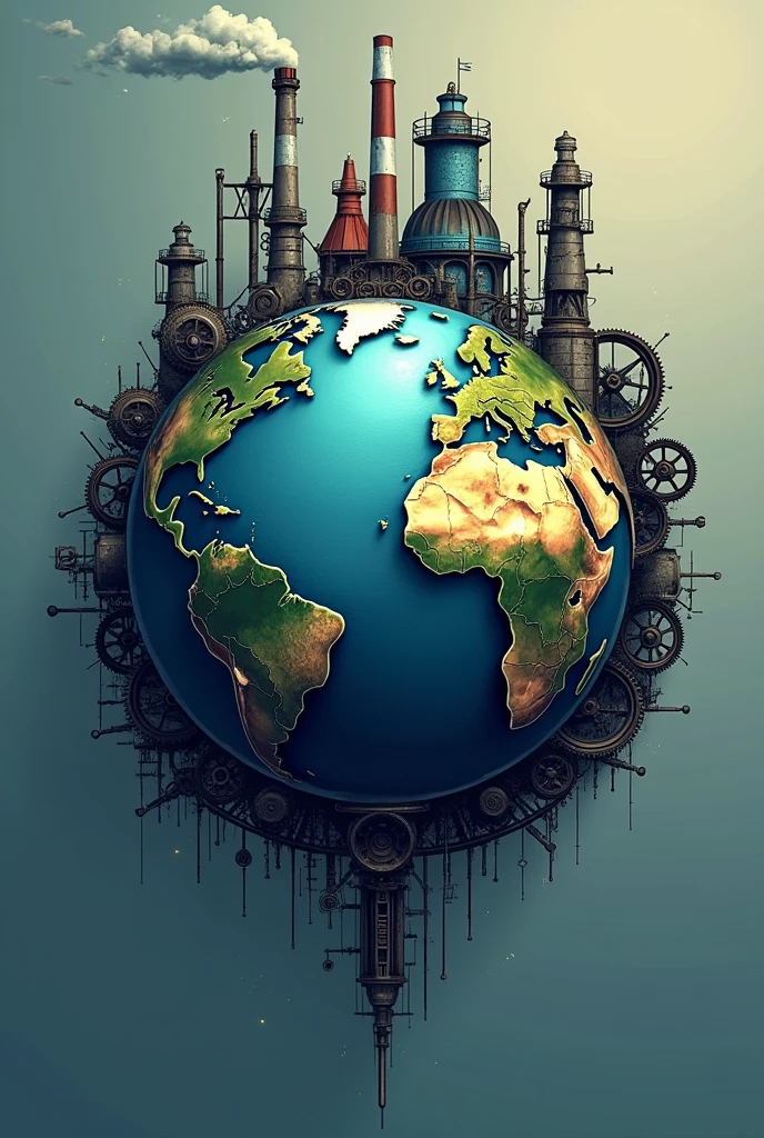 A logo of the industrial revolution with the planet Earth