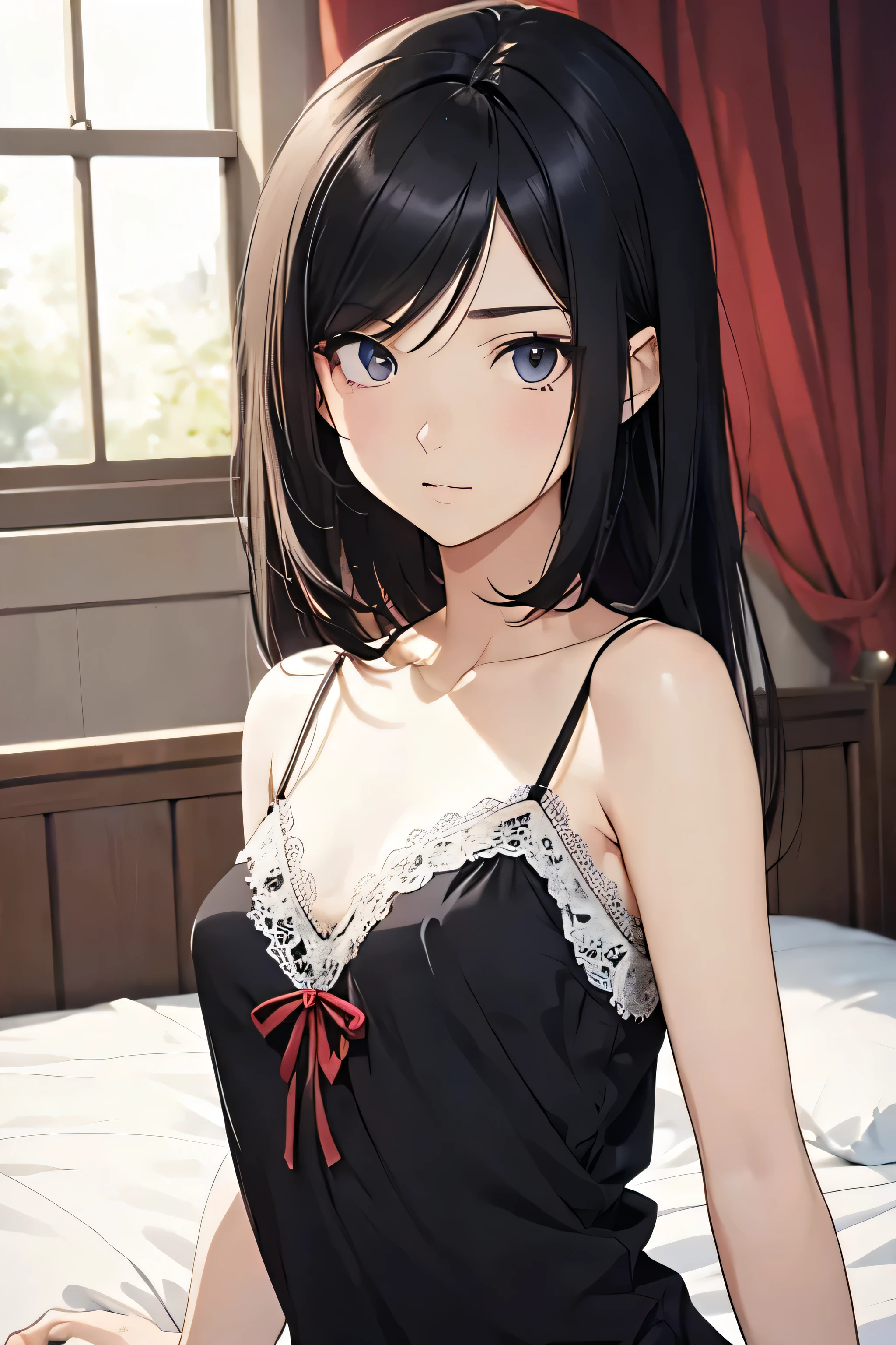 ((Highest quality)), ((2D)), (Anime Style), Perfect Face,,Beautiful Face,Narrow eyes,bed,Small breasts,Thin arms,Skinny,Lace camisole,Black Hair