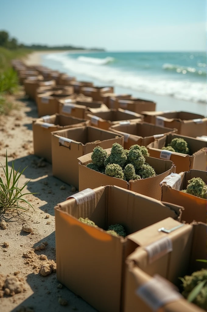 Numerous open boxes of marijuana alonside packaged boxes sealed with duct tape, next to a beautiful Texas seashore