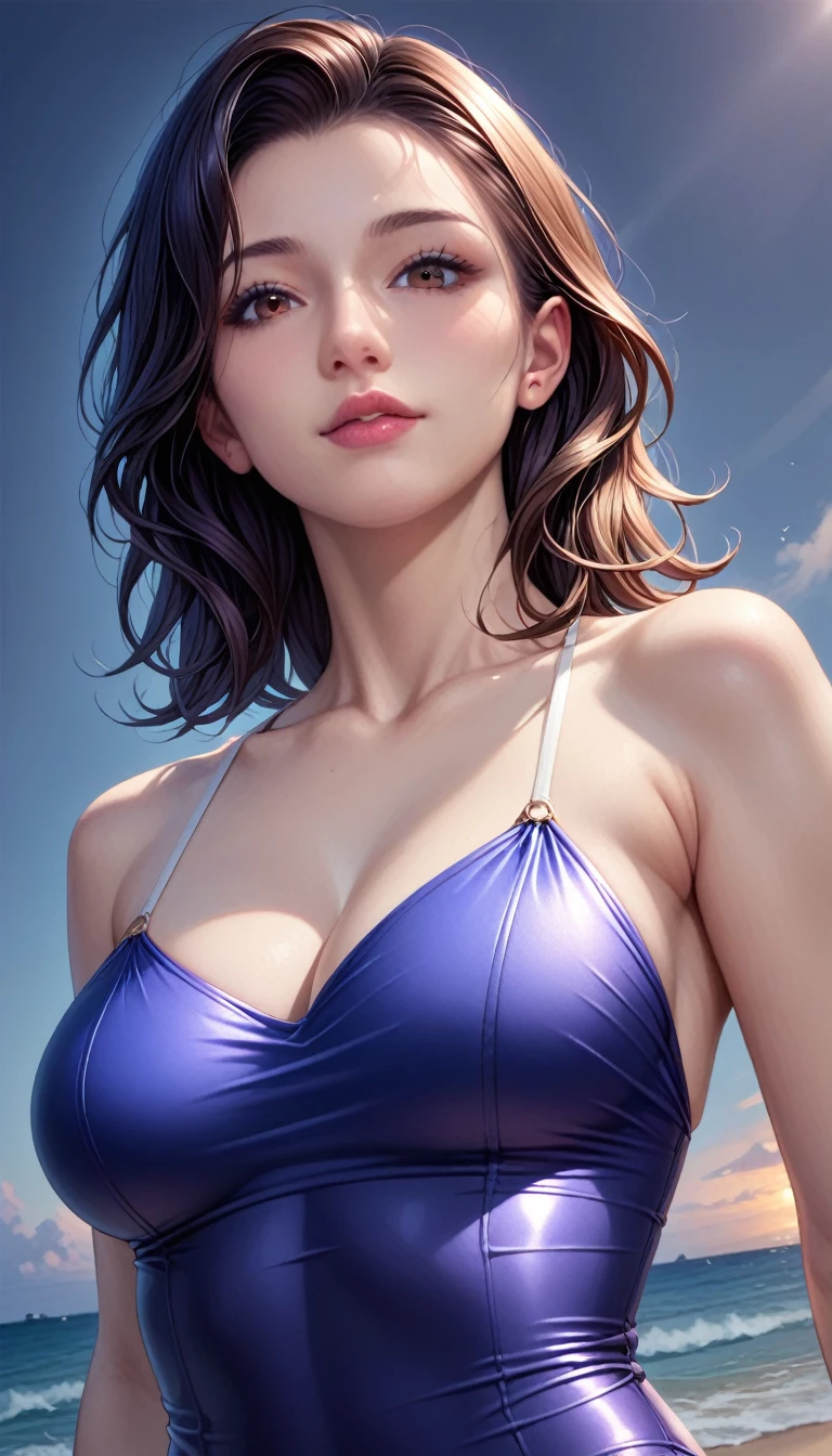 score_9, score_8_superior, score_7_superior, High resolution 3D anime style,A masterpiece in 32K resolution,Highest quality,it is really amazing,Very detailed,Ultra-high resolution,Ultra-realistic,Realistic,Increased depth of field,Cinematic lighting,
(Sexy mature Japan woman:1.2),
(black straight medium hair:1.1),(Ultra-detailed and beautiful face:1.1),(Calm and gentle look:1.1),Beautiful brown eyes,Translucent white skin,Realistic skin texture,Great proportions,
Elegant swimwear,
Summery design,Chic color scheme,Beautiful and delicate decoration,Detailed fabric texture,
(Dark overcast sky on a dull night:1.1),(Dark clouds filling the sky:1),(Thundercloud:1),Coastline at night,Stormy seas,(delay々A desolate sandy beach that continues:1),
Beautiful back view,Low - Angle,