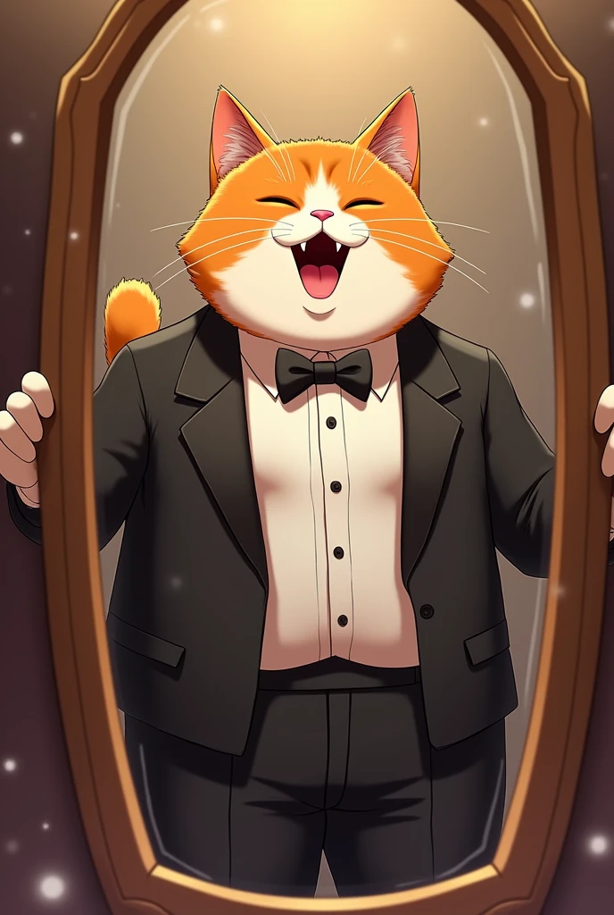 Anime style,(an orange), (chubby cat:1.3),( dressed in a classic black tuxedo with a bow tie1.4), looks excitedly at his reflection in a mirror. The scene includes a montage of prom preparations, showcasing cat’s orange fur and chubby build in a refined and elegant style.