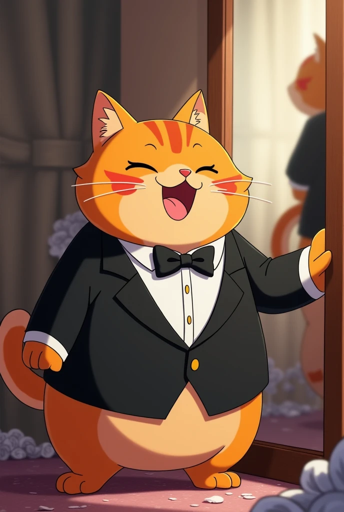 Anime style,(an orange), (chubby cat:1.3),( dressed in a classic black tuxedo with a bow tie1.4), looks excitedly at his reflection in a mirror. The scene includes a montage of prom preparations, showcasing cat’s orange fur and chubby build in a refined and elegant style.