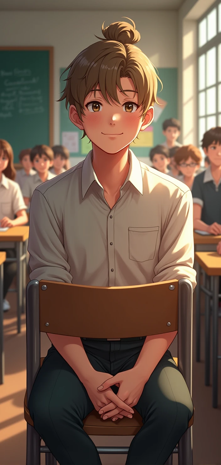 fund: school room, with students behind, one men, YOUNG BOY MAN, Light brown bun hair, clear eyes, SMILING SMILING SMILING sitting in a chair, the chair in front of him empty, THE CHAIR IN FRONT OF THE MAN IS EMPTY