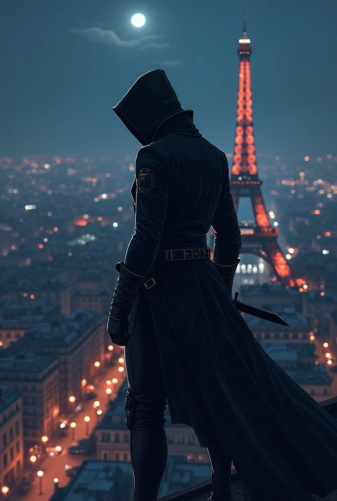 Men assassin in France 1890, at night, at the top of the eiffel tower (anime style)