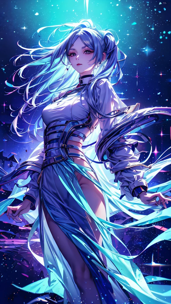 1 person, 20-year-old girl, One person, (Silver Hair), Long pointed ears(Gradient sky blue hair tip:1.6), hair, Ridiculously long hair, Single Side Lock, Wavy Hair, Shine髪, Floating Hair, (Fantastic deep purple eyes), Delicate eyes, Aqua Eye, Very fine eye, Long upper eyelashes, ((Glowing Eyes)), compensate, Focus on the face, Highly detailed facial, Pretty face, Perfect breasts, Hot body, (Delicate skin texture:1.2), break, White extra long skirt, Fashion Clothing, necklace, Technical clothing masterpiece, on the road, Gazing at the starry sky, meteor, cyber punk, Detailed Background, The perfect layered cut, clean focus, (magazine:1.3), (Cover Style:1.3), Octane Rendering, Tyndall effect, Real, Dark studio, Side light, 2-color illumination, realism, Chiaroscuro, (Shine光), Shine, Ray Tracing, Cinema Lighting, Futurism, Motion Blur, Atmospheric perspective, Depth of written boundary, Bokeh, Highest quality, 超High resolution, Super Detail, masterpiece, High resolution, Accurate, retina, Anatomically correct