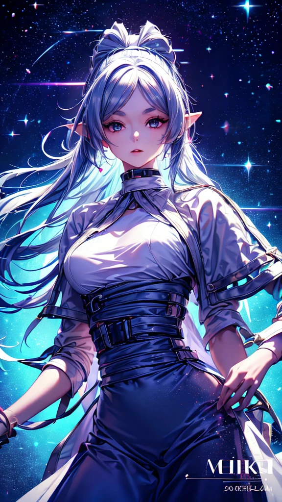 1 person, 20-year-old girl, One person, (Silver Hair), Long pointed ears(Gradient sky blue hair tip:1.6), hair, Ridiculously long hair, Single Side Lock, Wavy Hair, Shine髪, Floating Hair, (Fantastic deep purple eyes), Delicate eyes, Aqua Eye, Very fine eye, Long upper eyelashes, ((Glowing Eyes)), compensate, Focus on the face, Highly detailed facial, Pretty face, Perfect breasts, Hot body, (Delicate skin texture:1.2), break, White extra long skirt, Fashion Clothing, necklace, Technical clothing masterpiece, on the road, Gazing at the starry sky, meteor, cyber punk, Detailed Background, The perfect layered cut, clean focus, (magazine:1.3), (Cover Style:1.3), Octane Rendering, Tyndall effect, Real, Dark studio, Side light, 2-color illumination, realism, Chiaroscuro, (Shine光), Shine, Ray Tracing, Cinema Lighting, Futurism, Motion Blur, Atmospheric perspective, Depth of written boundary, Bokeh, Highest quality, 超High resolution, Super Detail, masterpiece, High resolution, Accurate, retina, Anatomically correct
