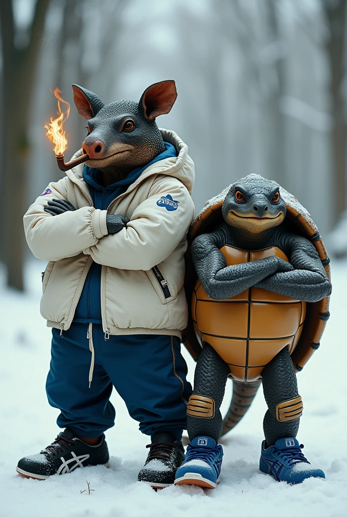 An armadillo with black scale-textured skin wearing black running shoes, in gangster style with a lit pipe in his mouth and a white snowboard jacket with a dragon symbol. Beside him a turtle with blue running shoes. The two are standing with their arms crossed in the snow. The armadillo and the turtle are around 2 meters tall and the sneakers are from ASICS.