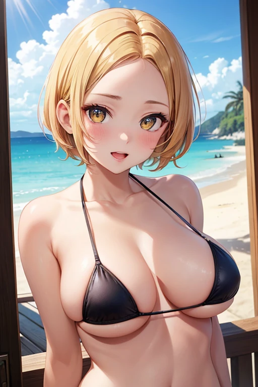 One Woman, Highest quality, masterpiece, Super Resolution, super high quality, Large Breasts, Idol, Beauty, ((From the front 1.2)), Cleavage, 8k, High resolution eyes, High-resolution contours, ((Forehead visible 1.3)), Stylish, High-resolution pupils, blush, High resolution face, High resolution breasts, Ultra HD, Open your mouth, Upper Body, High resolution mouth, Sexy body, ((Super cool face 1.5)), ((Hanging 1.6)), Broken bangs, Yellow Eyes, model, Mature Woman, Adult women, Beautiful clavicle, High resolution hair, Mother, maternal, Underboob, Sideboob, Married Woman, couple, super beautiful, Charm, Alluring, Open your mouth, Blonde, short hair, Micro Bikini, Beach, Textured skin, Textured Breasts,