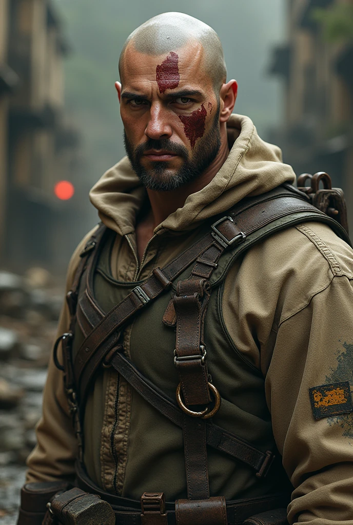 a tall young man, muscular very masculine, with a very visible scar on his face, blacksad, eyes browns, baldie, using old and worn out post-war clothes