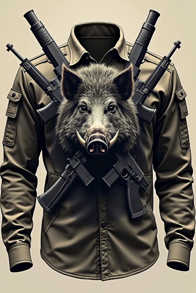 CREATE A LONG SLEEVE MILITARY SHIRT, WITH PRINT OF A BOAR AND FIREARMS
