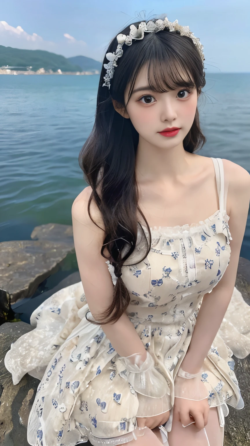 wide shot,((full body))black hair,seaside,sea,flower_dress,(1 beautiful Japanese idol, 20 years old), perfect body, Detailed beautiful delicate face, Detailed beautiful delicate eyes and eye highlights, Very thin and delicate eyelashes that are not too long, (finely detailed beautiful blown big eyes and detailed face), natural makeup, slender face, (lustrous skin, realistic detailed skin), (looking at viewer:1.2),masterpiece, (best quality:1.2), 8k, RAW photo, (Realistic, hyper realistic, photorealistic:1.3), Ultra High Res, intricate details, ultra detailed, High quality texture, distinct image