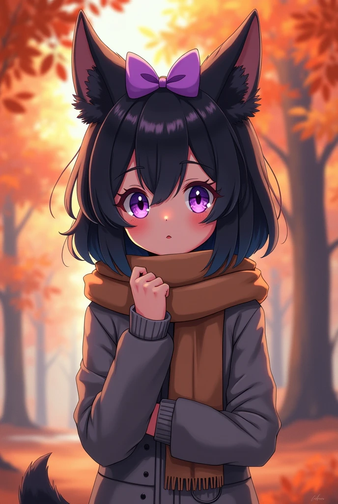anime, teen girl, human, black fur, by the wide, gray clothes, purple bow on the head, brown scarf, purple eyes autumn forest background
