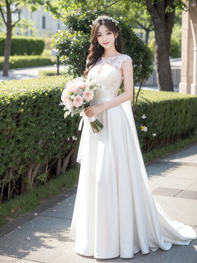 Photo-realistic quality、a woman in a Wedding dress holding a bouquet of flowers、Standing in front of the church、20 year old Japanese model、白のWedding dress,Hanae Mori style wedding dress、Japanese Idol、lace prom dresses、looking at the camera、Cute smile、Handsome、Clean atmosphere、Relaxed and gentle expression、tsnndrinsholding a bouquet, Wedding dress, So magical and dreamy、35ｍｍ Lens aperture F2.Shot at 8、Full body photo、From head to toe、A long, wide wedding dress that covers the feet、Narrow waist